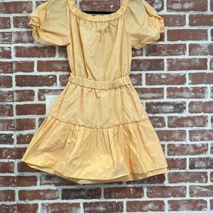 Women's Peach Short Puff-Sleeve Tiered Dress